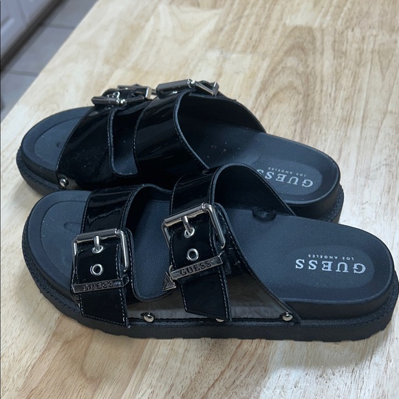 Guess Glossy Black Buckle Slides - Picture 3 of 3
